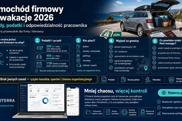 Samochód firmowy na wakacje 2026: zasady, podatki i odpowiedzialność pracownika